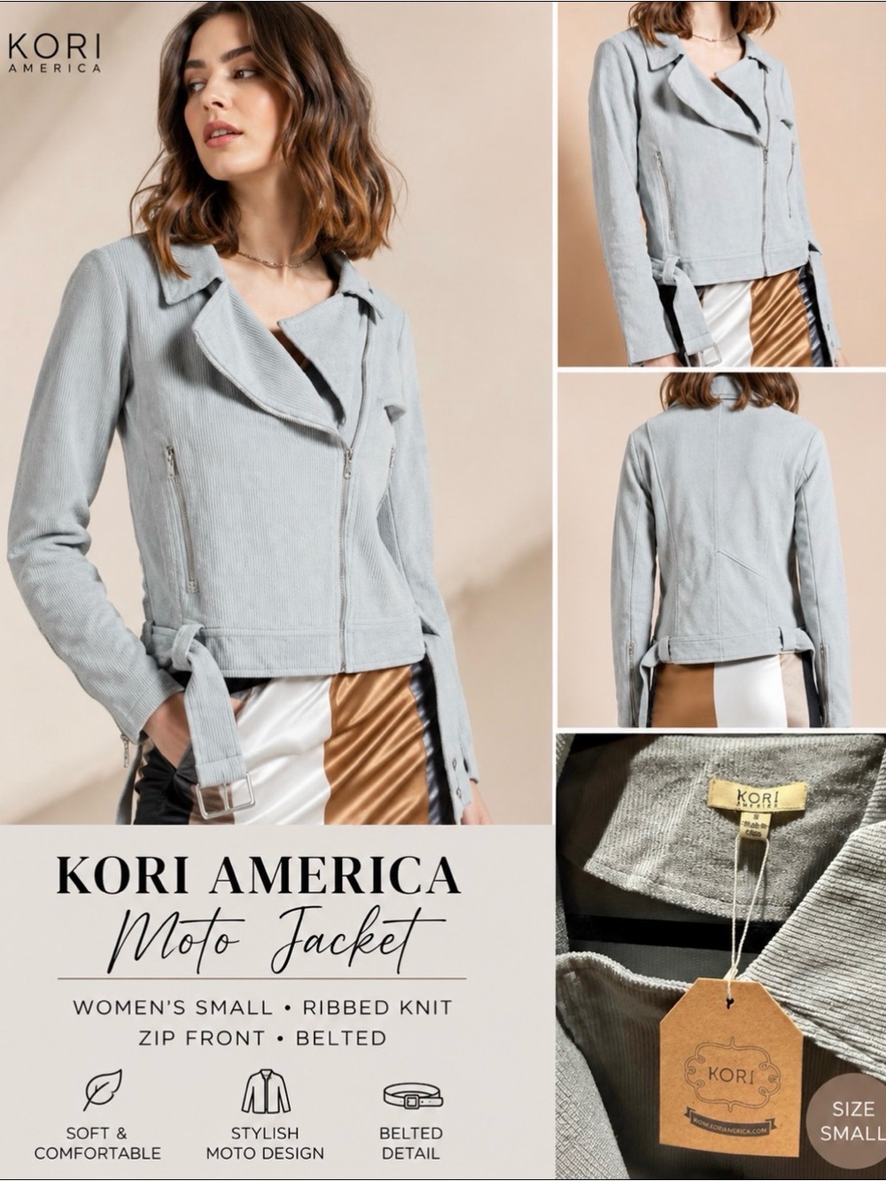 KORI America Moto Jacket Women’s Small | Ribbed Knit | Zip Front | Belted
NWT